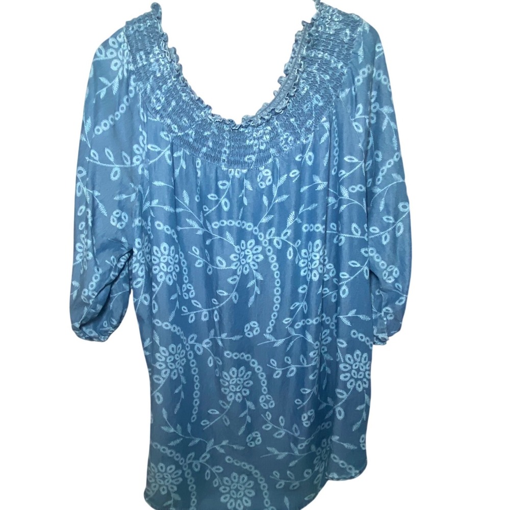 The Pioneer Woman Blue Floral Printed Smocked Peasant Top‎ 2X Cottagecore